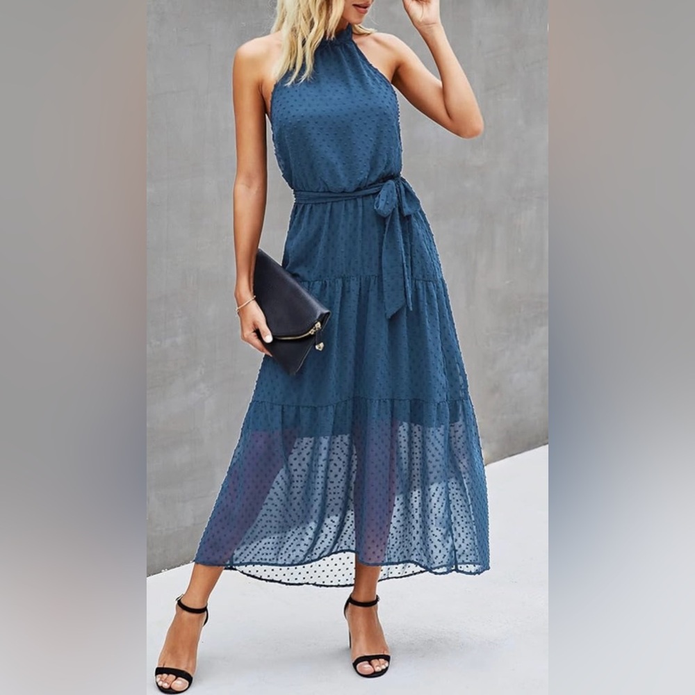 NWT Soft blue Swiss dot halter tiered sleeveless maxi dress size Large - Picture 2 of 8